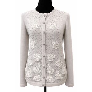 Marissa Christina Womens Floral Bead Debut Cardigan Medium Gray Knit Lambswool